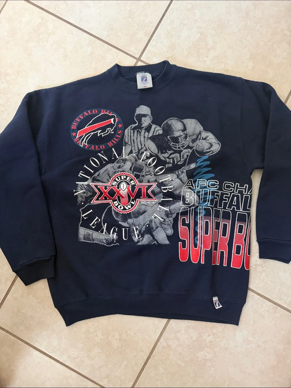 LOGO 7 Navy Buffalo Bills Super Bowl Crewneck Sweatshirt - Red & White Graphics